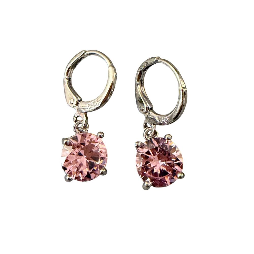 Pink Solitaire CZ Drop Earrings w/ 925 Stamp color Silver Lever-Backs - Picture 5 of 6